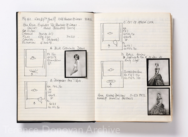 A page from Terence Donovan's daybook recording details of a shoot with Diana, Princess of Wales
